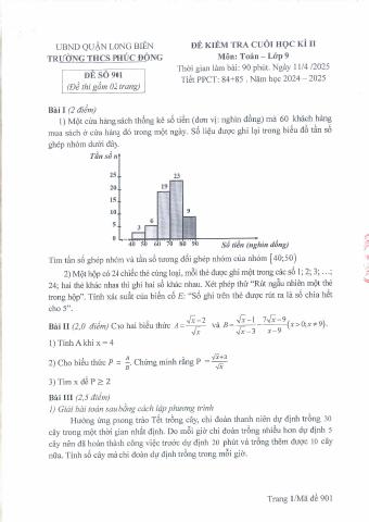 Đề thi Học kì 2 Toán 9 năm 2024-2025 trường THCS Phúc Đồng (Hà Nội)
